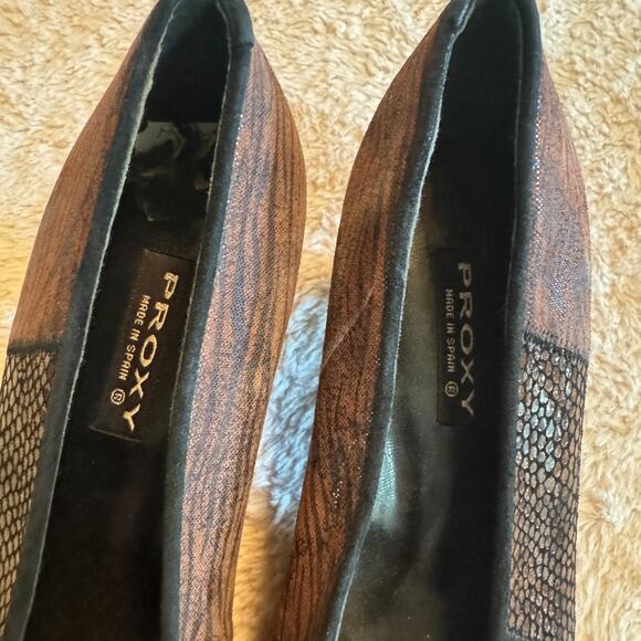 Proxy Women's sz 7 Heels Pumps Made In Spain Brown leather snakeskin square toe - Picture 5 of 10